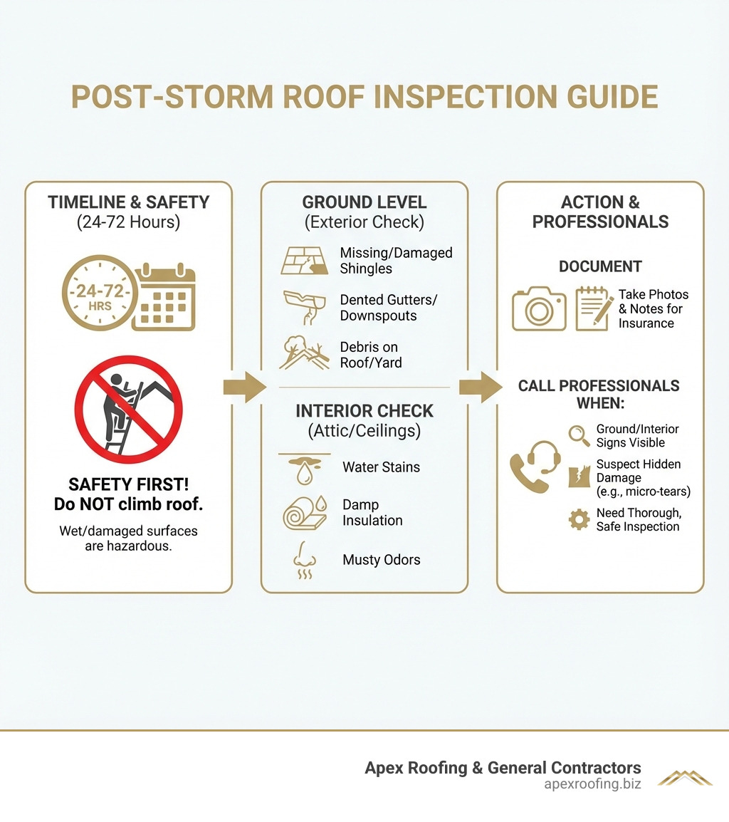 infographic showing post-storm inspection timeline and checklist with safety warnings, inspection zones, and when to call professionals - post-storm roof inspection infographic 