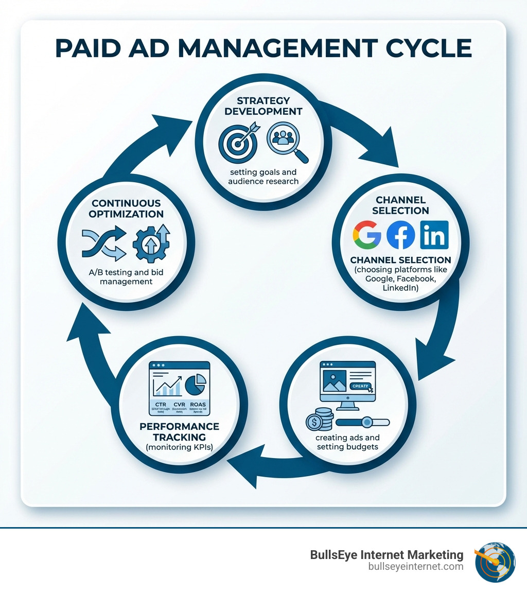 Infographic showing the paid ad management cycle: Strategy Development (setting goals and audience research) → Channel Selection (choosing platforms like Google, Facebook, LinkedIn) → Campaign Execution (creating ads and setting budgets) → Performance Tracking (monitoring KPIs like CTR, CVR, ROAS) → Continuous Optimization (A/B testing and bid management) → back to Strategy Development - paid ad management infographic 