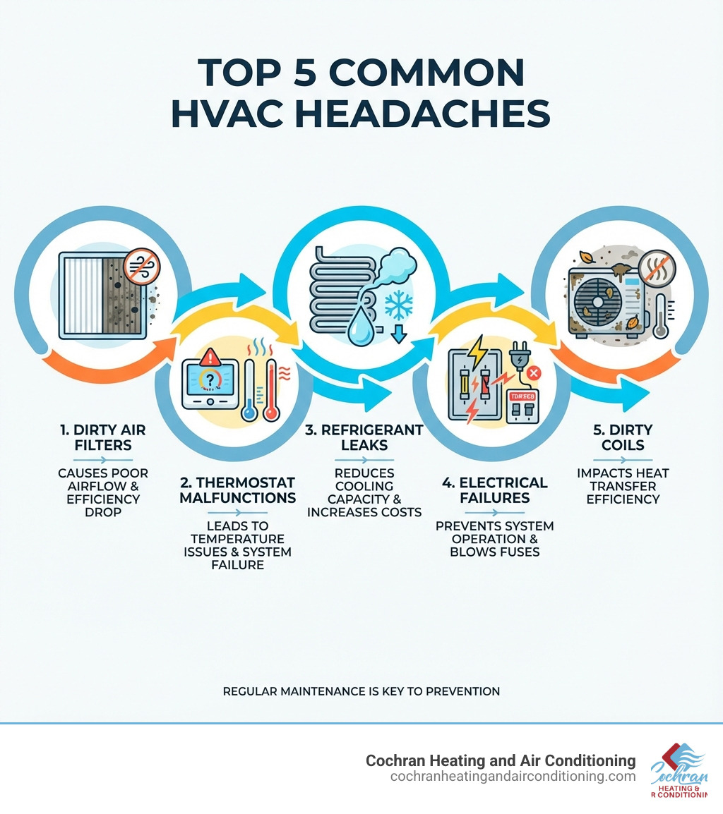 infographic showing the top 5 most common HVAC problems: dirty air filters causing poor airflow, thermostat malfunctions leading to temperature issues, refrigerant leaks reducing cooling capacity, electrical failures preventing system operation, and dirty coils impacting heat transfer efficiency - common problems with hvac systems infographic infographic showing the top 5 most common HVAC problems: dirty air filters causing poor airflow, thermostat malfunctions leading to temperature issues, refrigerant leaks reducing cooling capacity, electrical failures preventing system operation, and dirty coils impacting heat transfer efficiency - common problems with hvac systems infographic