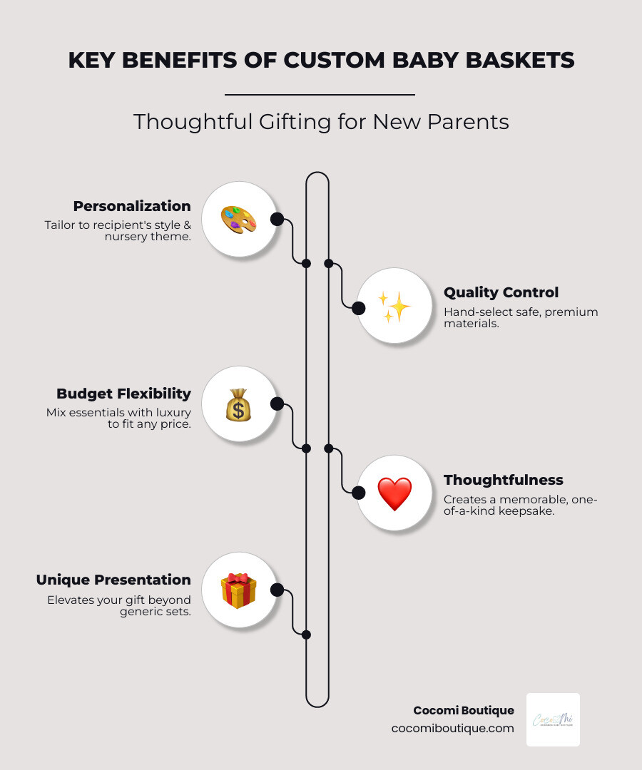 Infographic showing key benefits of custom baby baskets: Personalization allows you to match the recipient's style and nursery theme; Quality Control means hand-selecting safe, premium materials; Budget Flexibility lets you mix luxury items with essentials; Thoughtfulness creates a memorable, one-of-a-kind keepsake that generic gift sets cannot match - Custom baby basket infographic infographic-line-5-steps-elegant_beige Infographic showing key benefits of custom baby baskets: Personalization allows you to match the recipient's style and nursery theme; Quality Control means hand-selecting safe, premium materials; Budget Flexibility lets you mix luxury items with essentials; Thoughtfulness creates a memorable, one-of-a-kind keepsake that generic gift sets cannot match - Custom baby basket infographic infographic-line-5-steps-elegant_beige