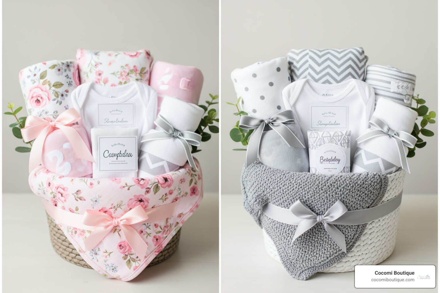 Themed custom baby baskets: one featuring soft pink florals and another with modern neutral grey and white patterns and textures - Custom baby basket Themed custom baby baskets: one featuring soft pink florals and another with modern neutral grey and white patterns and textures - Custom baby basket