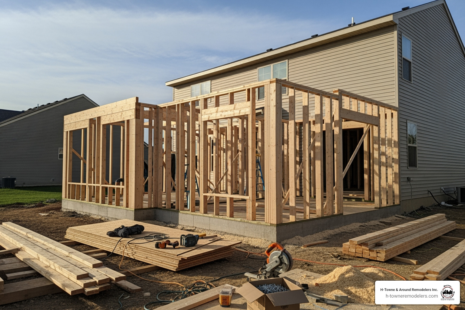 construction site showing the framing of a new room addition - room addition