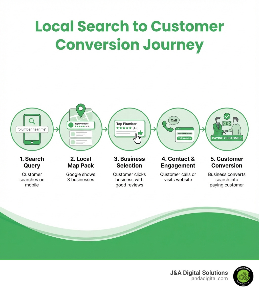 Infographic showing the journey from a local search query to customer conversion: 1. Customer searches for 'plumber near me' on mobile device, 2. Google shows local map pack with 3 businesses, 3. Customer clicks on business with good reviews, 4. Customer calls or visits website, 5. Business converts search into a paying customer - local keyword research infographic 