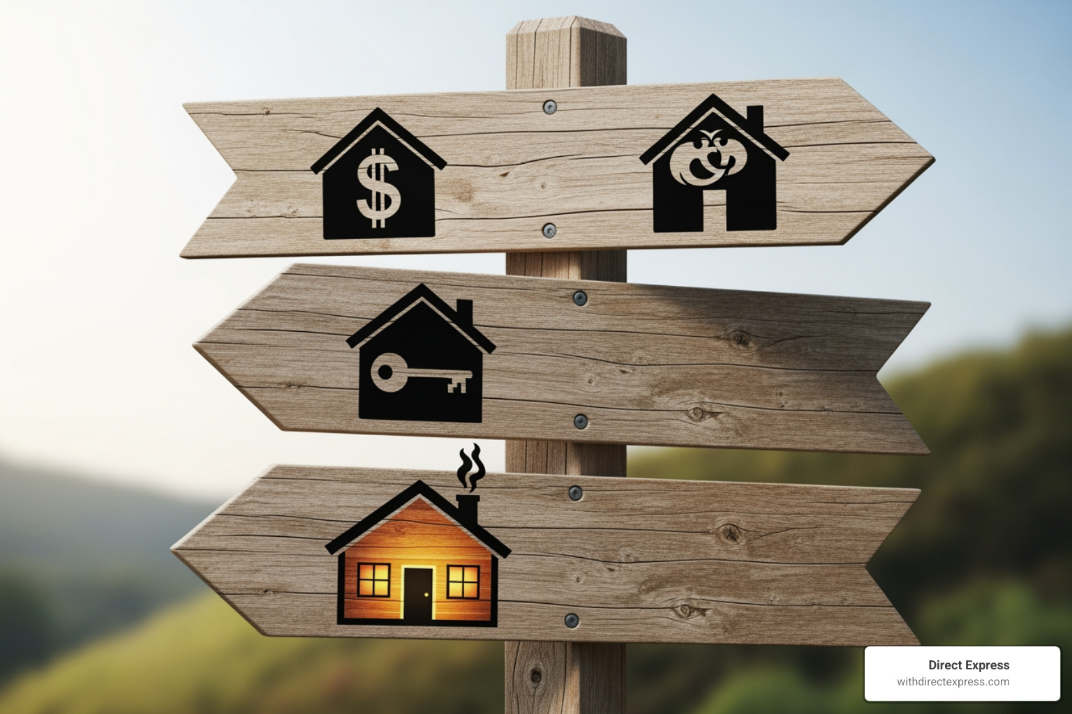 three-way sign pointing to "Sell," "Rent," and "Live In" - inherited property for sale three-way sign pointing to "Sell," "Rent," and "Live In" - inherited property for sale