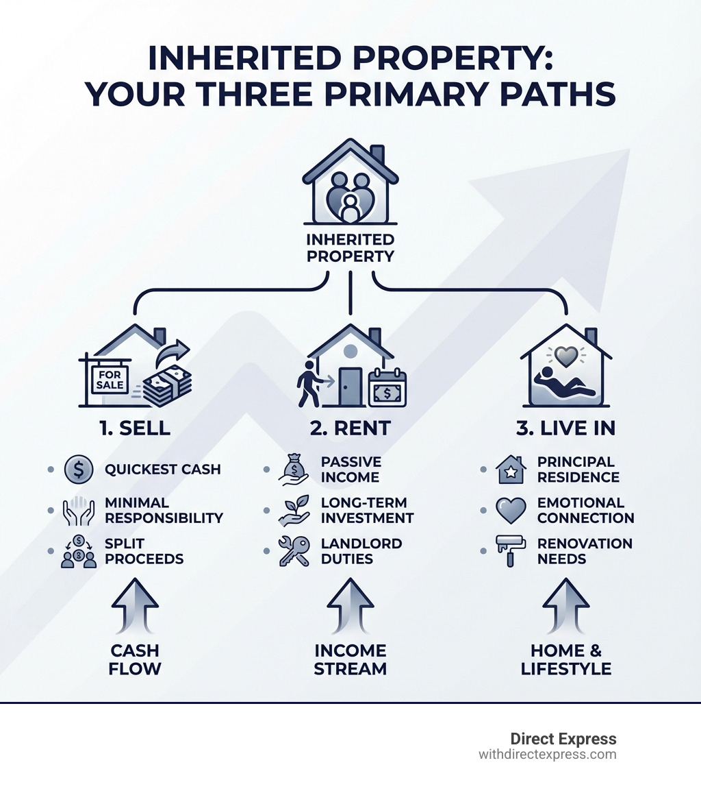 infographic showing three paths for inherited property: Sell (quickest cash, minimal responsibility, split proceeds), Rent (passive income, long-term investment, landlord duties), or Live In (principal residence, emotional connection, renovation needs) - inherited property for sale infographic infographic showing three paths for inherited property: Sell (quickest cash, minimal responsibility, split proceeds), Rent (passive income, long-term investment, landlord duties), or Live In (principal residence, emotional connection, renovation needs) - inherited property for sale infographic