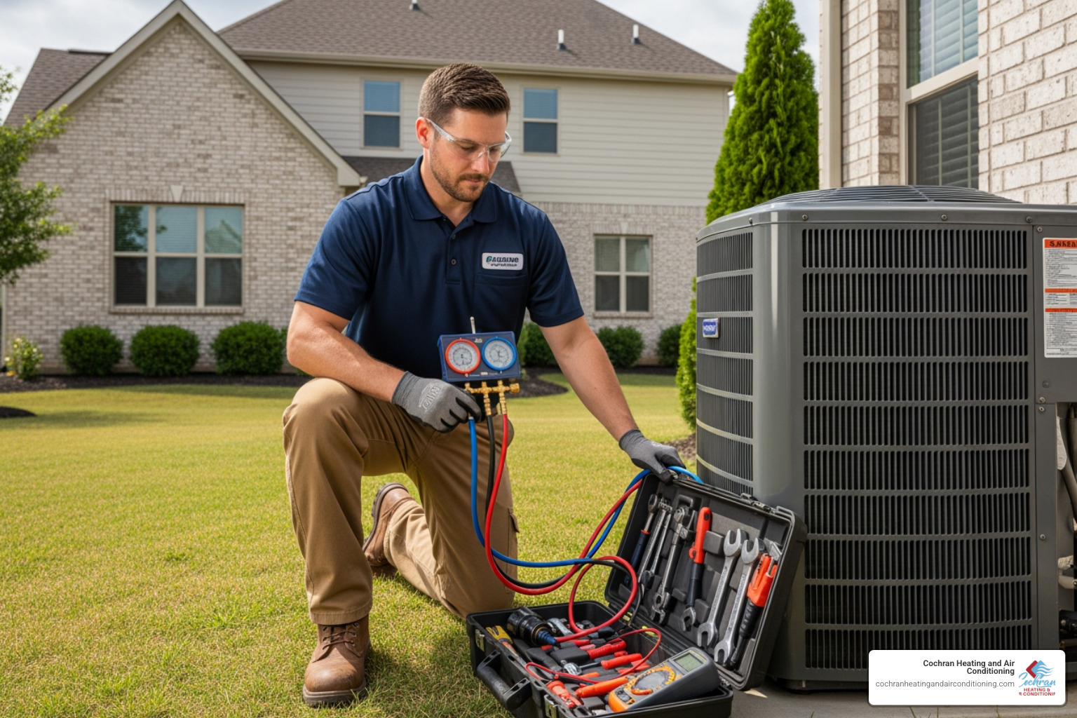 HVAC technician inspecting an AC compressor - AC compressor repair cost HVAC technician inspecting an AC compressor - AC compressor repair cost