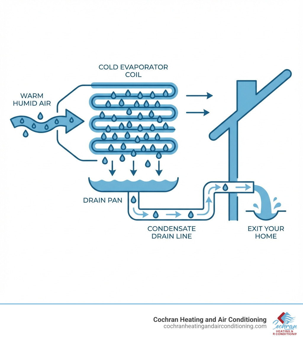 Infographic showing the AC dehumidification process: warm humid air enters the system, passes over the cold evaporator coil where moisture condenses into water droplets, collected water drips into the drain pan, and flows out through the condensate drain line to exit your home - AC drain line clog infographic Infographic showing the AC dehumidification process: warm humid air enters the system, passes over the cold evaporator coil where moisture condenses into water droplets, collected water drips into the drain pan, and flows out through the condensate drain line to exit your home - AC drain line clog infographic