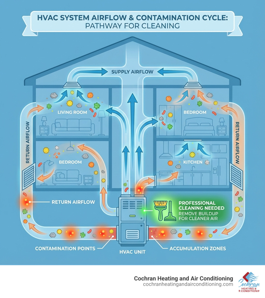 Infographic showing how dust, allergens, pet dander, mold spores, and bacteria circulate through a home's HVAC ductwork system, with arrows indicating airflow from supply ducts through rooms and back through return vents, highlighting contamination points and the need for professional cleaning - air duct cleaning services joplin infographic Infographic showing how dust, allergens, pet dander, mold spores, and bacteria circulate through a home's HVAC ductwork system, with arrows indicating airflow from supply ducts through rooms and back through return vents, highlighting contamination points and the need for professional cleaning - air duct cleaning services joplin infographic