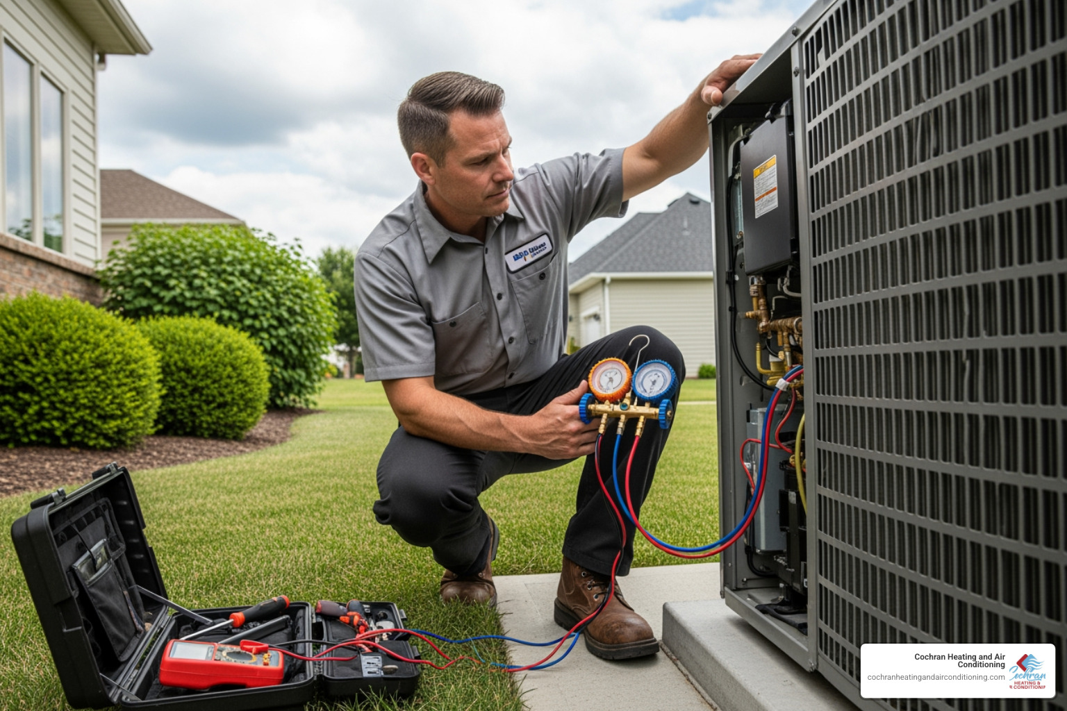 HVAC technician inspecting outdoor unit - Annual HVAC inspection HVAC technician inspecting outdoor unit - Annual HVAC inspection