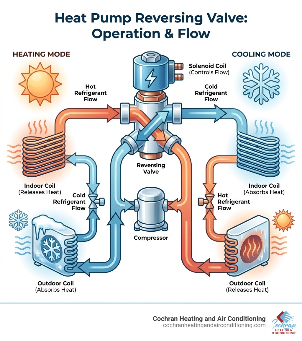 Infographic showing heat pump reversing valve operation: left side shows heating mode with hot refrigerant flowing to indoor coil and cold refrigerant to outdoor coil; right side shows cooling mode with the flow reversed; center shows the 4-way reversing valve with solenoid coil and arrows indicating refrigerant direction change - heat pump reversing valve infographic Infographic showing heat pump reversing valve operation: left side shows heating mode with hot refrigerant flowing to indoor coil and cold refrigerant to outdoor coil; right side shows cooling mode with the flow reversed; center shows the 4-way reversing valve with solenoid coil and arrows indicating refrigerant direction change - heat pump reversing valve infographic