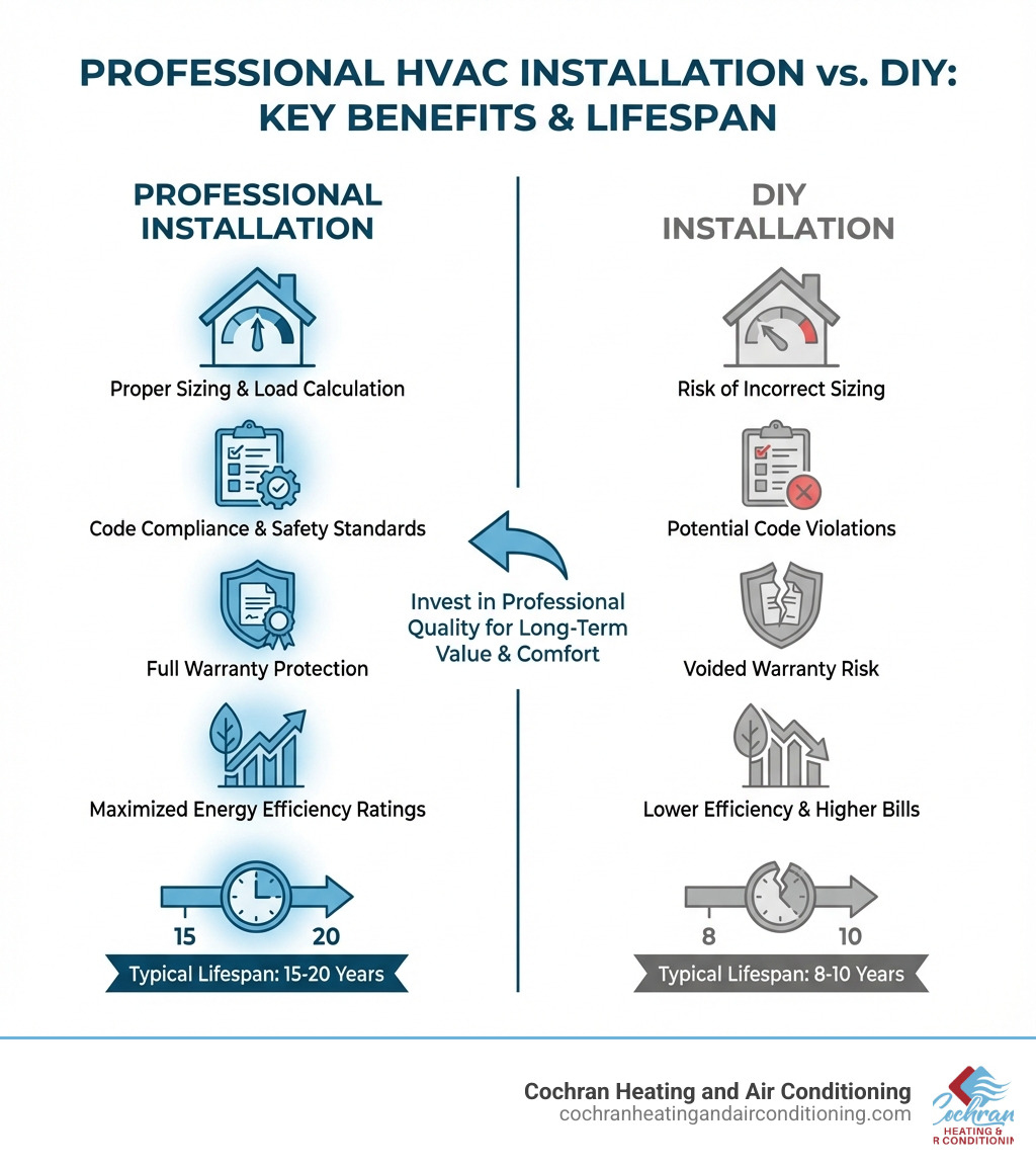 infographic showing benefits of professional HVAC installation including proper sizing, code compliance, warranty protection, energy efficiency ratings, and typical 15-20 year lifespan versus 8-10 years for DIY installations - hvac installation joplin infographic 