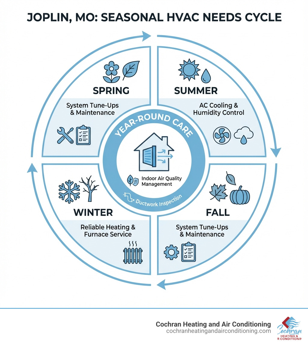 Infographic showing Joplin's four seasons with corresponding HVAC needs: Spring and Fall require system tune-ups and maintenance, Summer demands AC cooling with humidity control, Winter needs reliable heating and furnace service, plus year-round indoor air quality management and ductwork inspection for all seasons - hvac in joplin mo infographic Infographic showing Joplin's four seasons with corresponding HVAC needs: Spring and Fall require system tune-ups and maintenance, Summer demands AC cooling with humidity control, Winter needs reliable heating and furnace service, plus year-round indoor air quality management and ductwork inspection for all seasons - hvac in joplin mo infographic