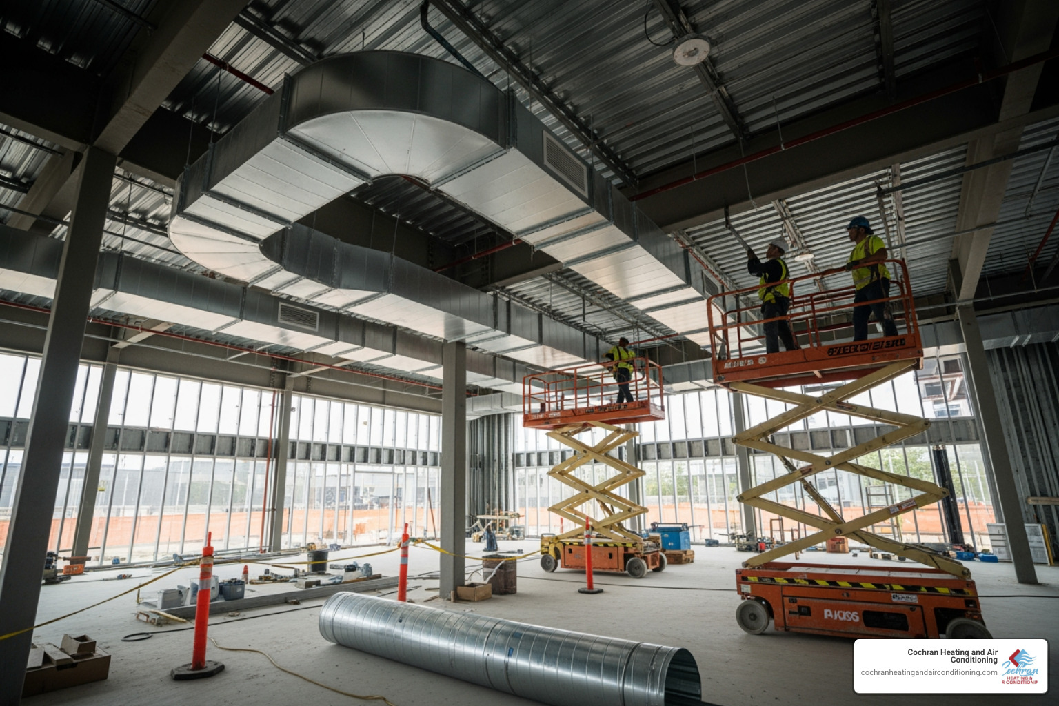 image of commercial ductwork being installed in a new construction - Commercial HVAC installation cost