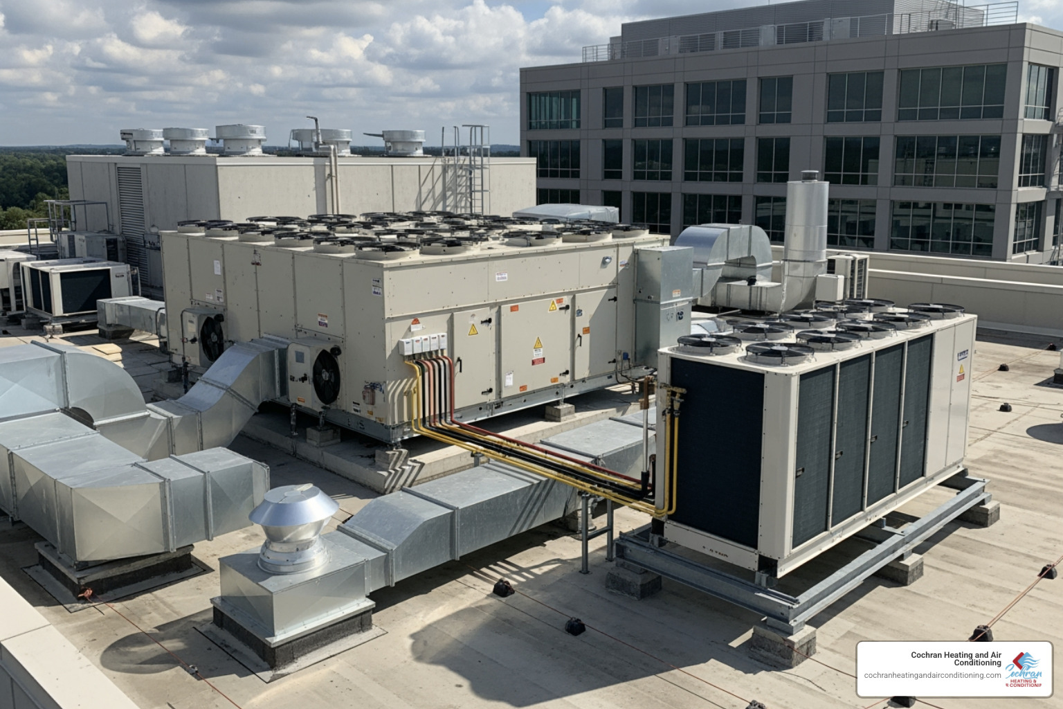 image of different commercial HVAC units, such as a rooftop unit and a VRF system - Commercial HVAC installation cost