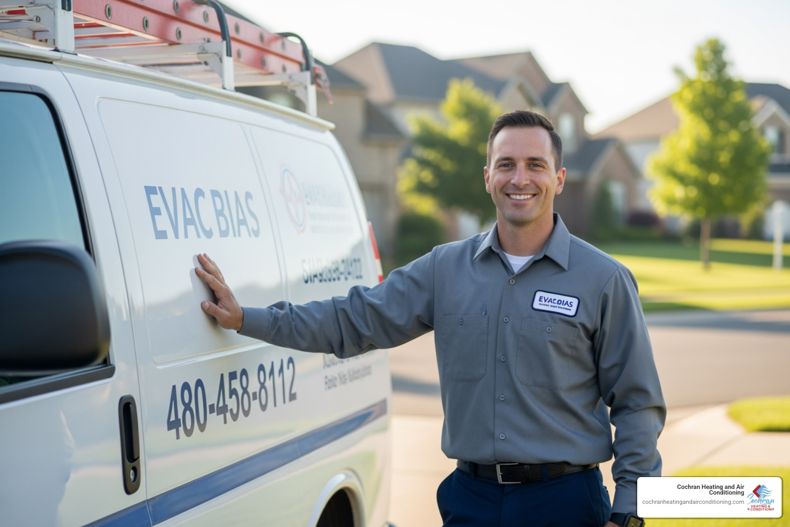 A friendly, professional technician in uniform standing by a service van - Air conditioning repair Joplin