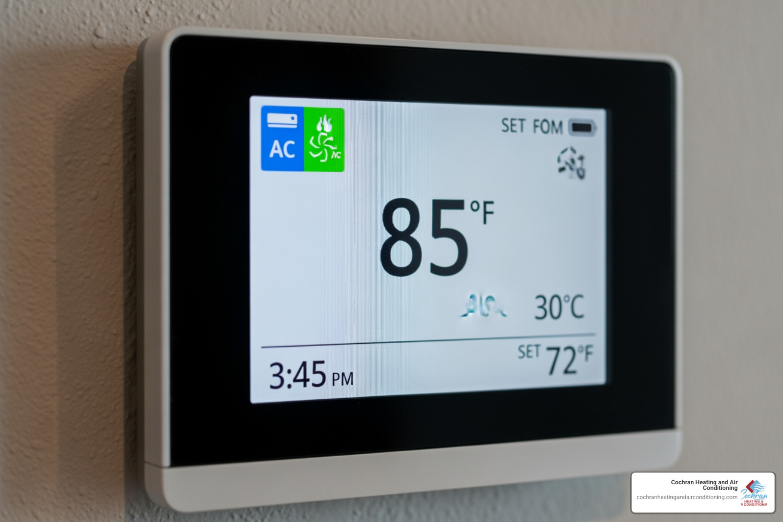 A thermostat displaying a high indoor temperature despite the AC running - Air conditioning repair Joplin