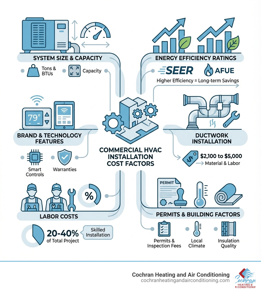 infographic showing key cost factors for commercial HVAC installation including system size and capacity measured in tons and BTUs, energy efficiency ratings like SEER and AFUE, brand and technology features such as smart controls and warranties, ductwork installation costs ranging from $2,100 to $5,000, labor costs typically 20-40% of total project, permits and inspection fees, and building-specific factors like insulation quality and local climate - Commercial HVAC installation cost infographic 