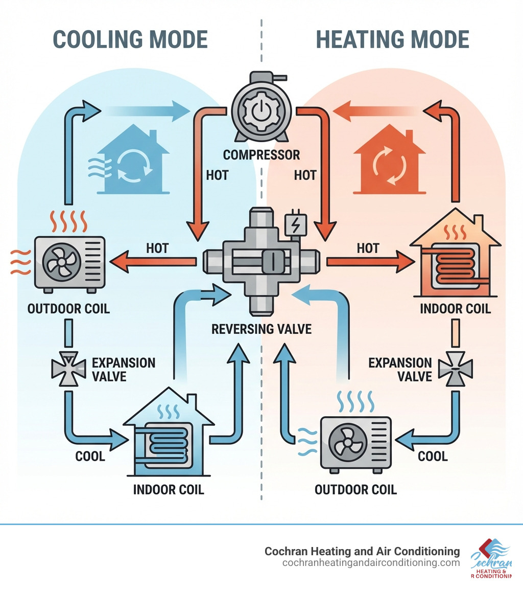 Infographic explaining how a reversing valve directs refrigerant flow: in cooling mode, hot refrigerant flows to the outdoor coil first; in heating mode, the valve reverses flow so hot refrigerant goes to the indoor coil first, with arrows indicating refrigerant direction through compressor, indoor coil, outdoor coil, and expansion valve in both modes - heat pump reversing valve repair infographic 