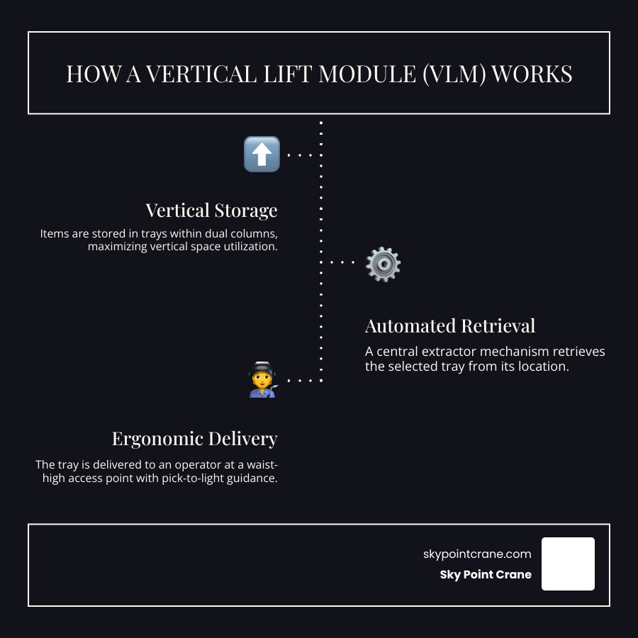 infographic showing VLM operation: tall vertical storage unit with dual columns of trays, central extractor mechanism retrieving a tray, and delivery to operator at ergonomic waist-high access opening with pick-to-light guidance - vertical lift module warehouse infographic infographic-line-3-steps-dark infographic showing VLM operation: tall vertical storage unit with dual columns of trays, central extractor mechanism retrieving a tray, and delivery to operator at ergonomic waist-high access opening with pick-to-light guidance - vertical lift module warehouse infographic infographic-line-3-steps-dark