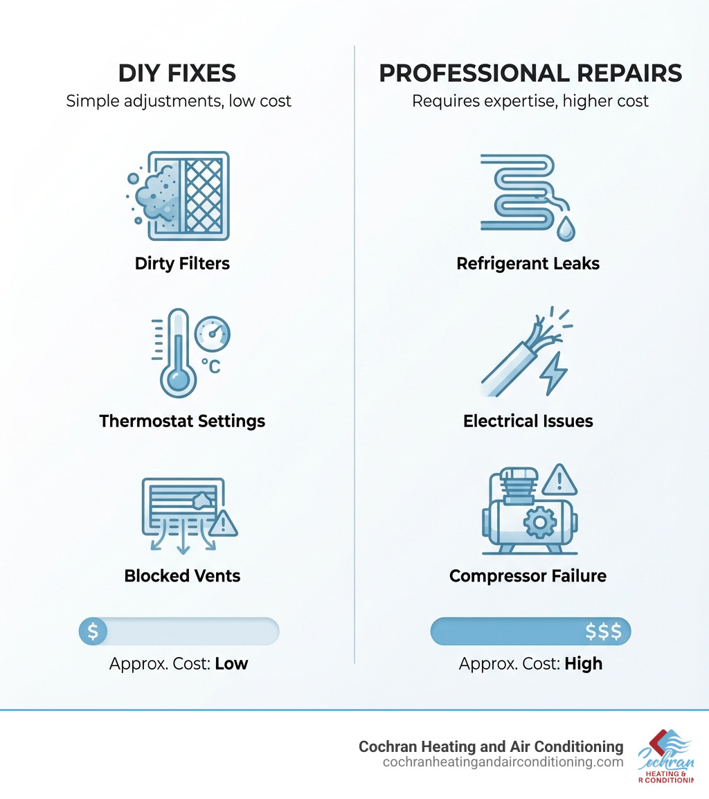 infographic showing common AC problems with icons, divided into two columns: DIY fixes like dirty filters, thermostat settings, and blocked vents on the left; professional repairs like refrigerant leaks, electrical issues, and compressor failure on the right, with indicators showing approximate repair costs - Air conditioner problems infographic infographic showing common AC problems with icons, divided into two columns: DIY fixes like dirty filters, thermostat settings, and blocked vents on the left; professional repairs like refrigerant leaks, electrical issues, and compressor failure on the right, with indicators showing approximate repair costs - Air conditioner problems infographic