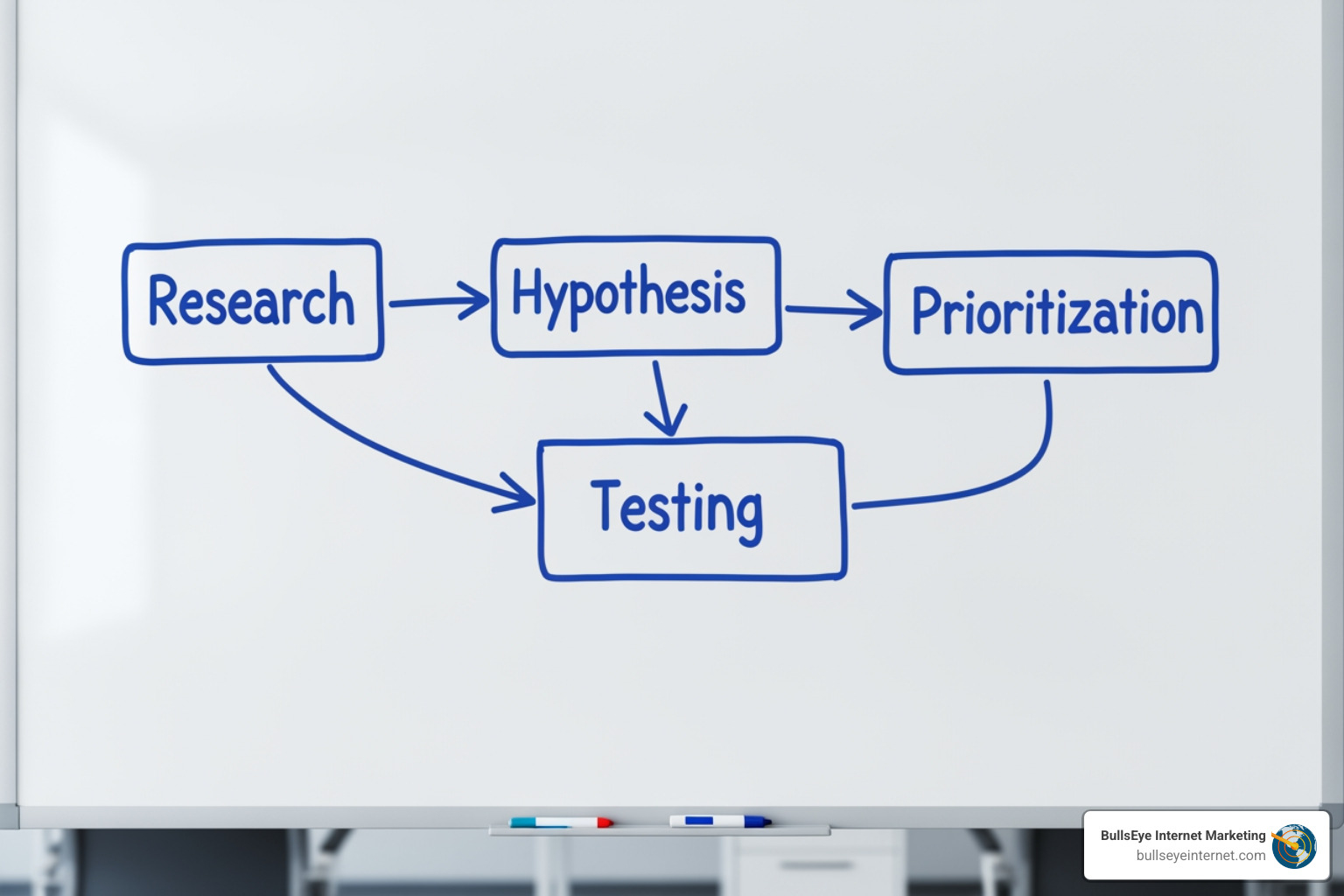 whiteboard with a CRO plan: Research, Hypothesize, Prioritize, Test - Conversion rate optimization Flowchart illustrating the process of Conversion Rate Optimization, featuring steps: Research, Hypothesis, Prioritization, and Testing, with branding for BullsEye Internet Marketing.