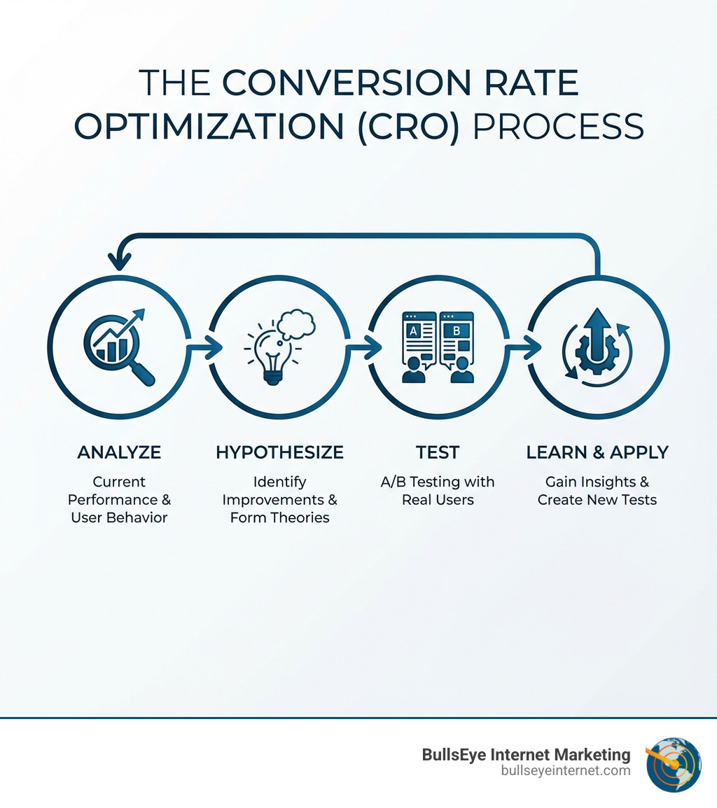 infographic showing the CRO process: Analyze current performance and user behavior, Hypothesize what changes might improve conversions, Test your hypothesis with real users through A/B testing, Learn from results and apply insights to create new tests - Conversion rate optimization infographic The Conversion Rate Optimization (CRO) process diagram illustrating steps: Analyze current performance, Hypothesize improvements, Test with A/B testing, Learn and apply insights, branded with BullsEye Internet Marketing logo.