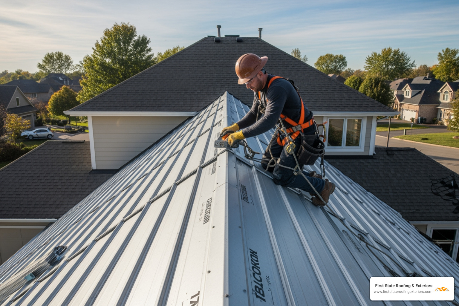 Roofer installing metal panels on a residential roof, wearing a safety harness - metal roofing wilmington de Roofer installing metal panels on a residential roof, wearing a safety harness - metal roofing wilmington de