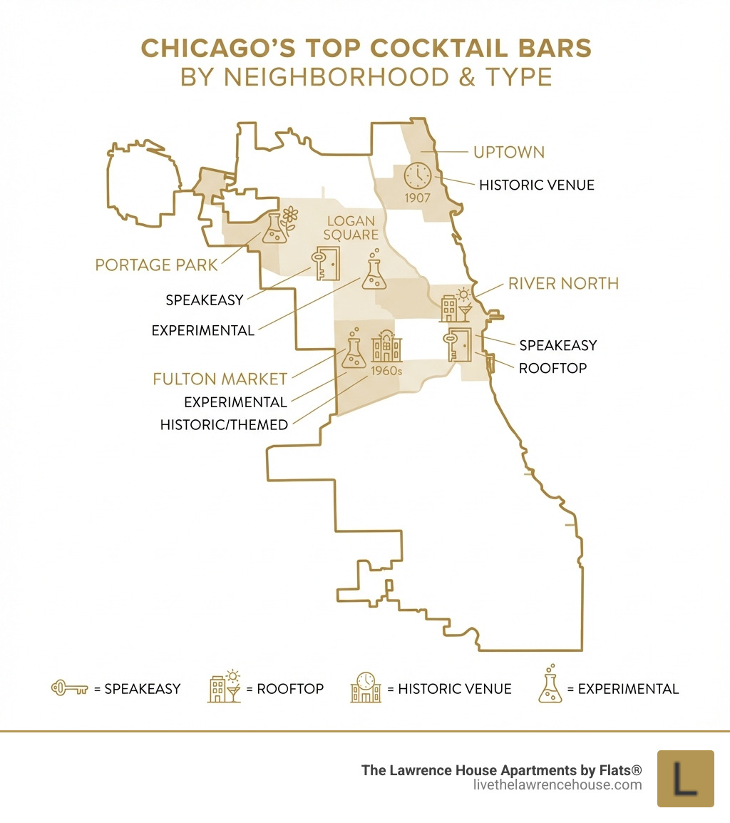 infographic showing the locations of Chicago's top cocktail bars by neighborhood, including Uptown, Logan Square, Fulton Market, River North, and Portage Park, with icons indicating bar types like speakeasy, rooftop, historic venue, and experimental - cocktail bar chicago infographic 