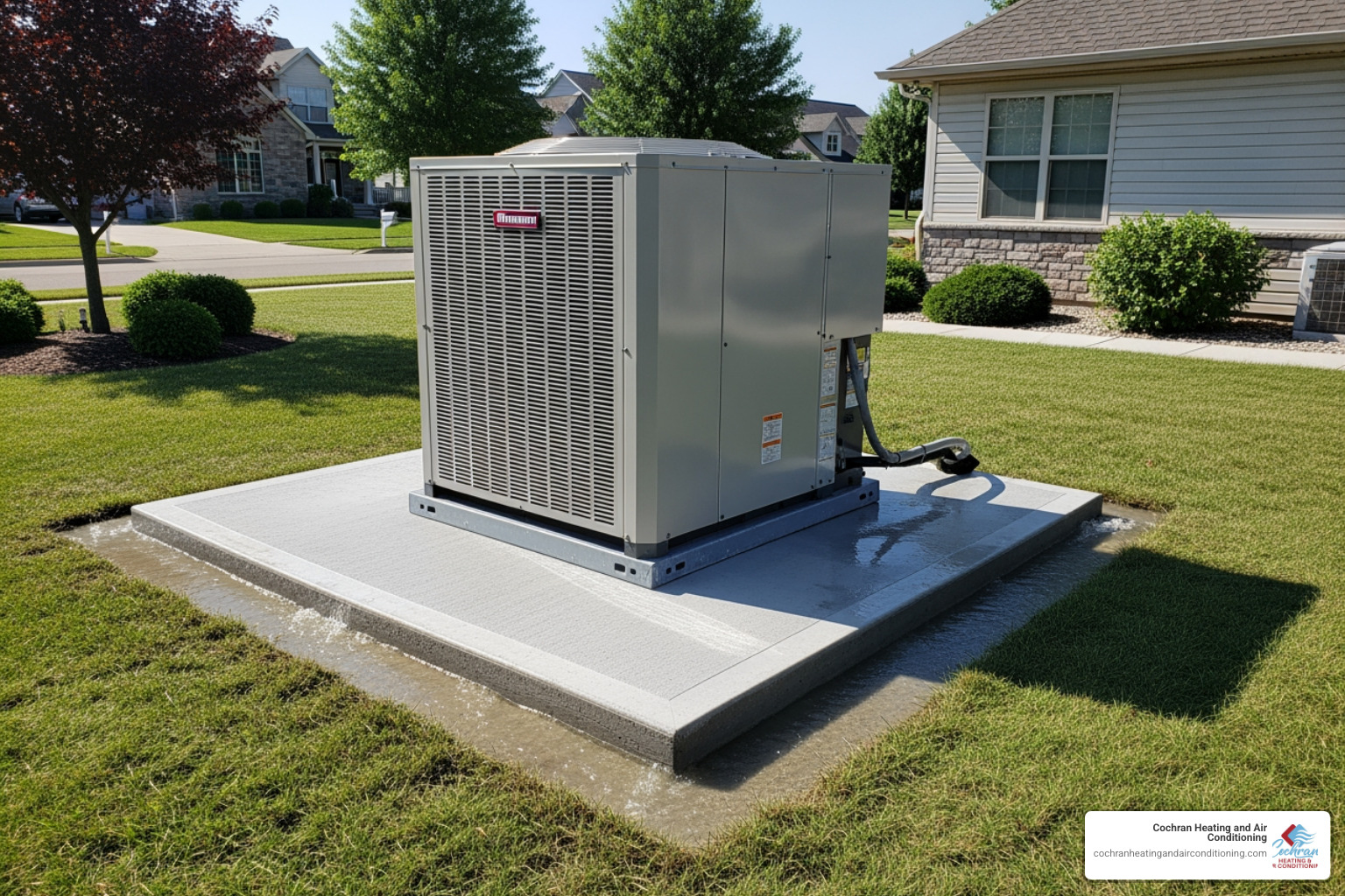 Image of a package unit on a properly installed concrete slab with good drainage - Package unit HVAC Joplin