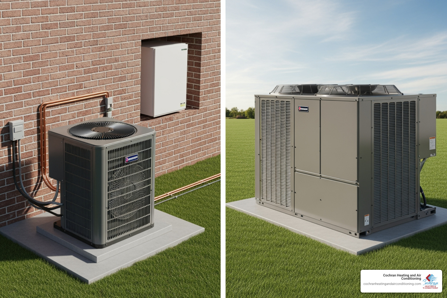 Image of a split system's two units (indoor and outdoor) contrasted with a single package unit - Package unit HVAC Joplin