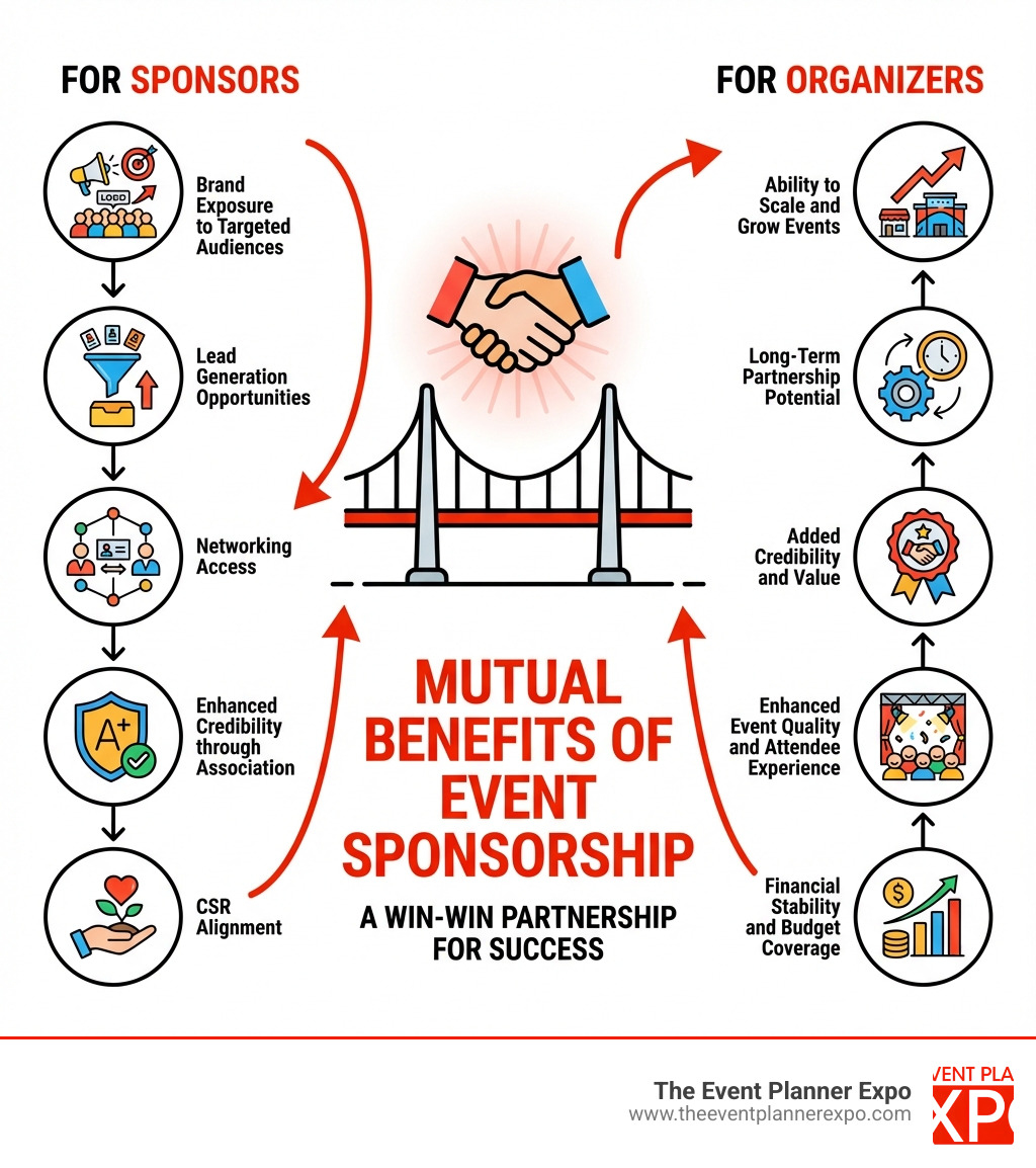 Infographic showing the mutual benefits of event sponsorship: For Sponsors - Brand exposure to targeted audiences, lead generation opportunities, networking access, enhanced credibility through association, CSR alignment; For Organizers - Financial stability and budget coverage, enhanced event quality and attendee experience, added credibility and value, long-term partnership potential, ability to scale and grow events - basic event sponsorship package infographic Infographic showing the mutual benefits of event sponsorship: For Sponsors - Brand exposure to targeted audiences, lead generation opportunities, networking access, enhanced credibility through association, CSR alignment; For Organizers - Financial stability and budget coverage, enhanced event quality and attendee experience, added credibility and value, long-term partnership potential, ability to scale and grow events - basic event sponsorship package infographic