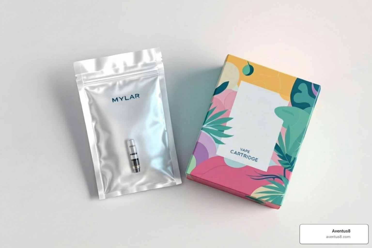 a simple mylar bag next to a more complex box for a vape cart - THC disposable carts under $10