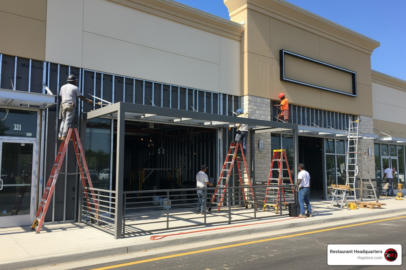Commercial construction for restaurants showing exterior storefront build-out with patio framing, signage preparation, and façade installation in progress | Restaurant Headquarters Commercial construction for restaurants showing exterior storefront build-out with patio framing, signage preparation, and façade installation in progress | Restaurant Headquarters