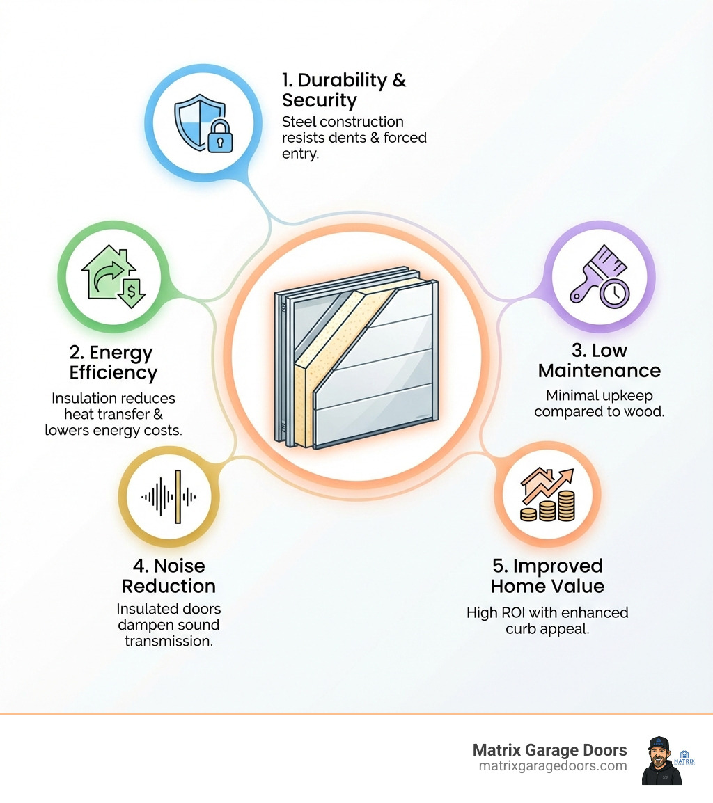 Infographic showing the top 5 benefits of steel insulated garage doors: 1. Durability and Security - Steel construction resists dents and forced entry; 2. Energy Efficiency - Insulation reduces heat transfer and lowers energy costs; 3. Low Maintenance - Steel requires minimal upkeep compared to wood; 4. Noise Reduction - Insulated doors dampen sound transmission; 5. Improved Home Value - High ROI with enhanced curb appeal - steel garage door installation infographic Infographic showing the top 5 benefits of steel insulated garage doors: 1. Durability and Security - Steel construction resists dents and forced entry; 2. Energy Efficiency - Insulation reduces heat transfer and lowers energy costs; 3. Low Maintenance - Steel requires minimal upkeep compared to wood; 4. Noise Reduction - Insulated doors dampen sound transmission; 5. Improved Home Value - High ROI with enhanced curb appeal - steel garage door installation infographic