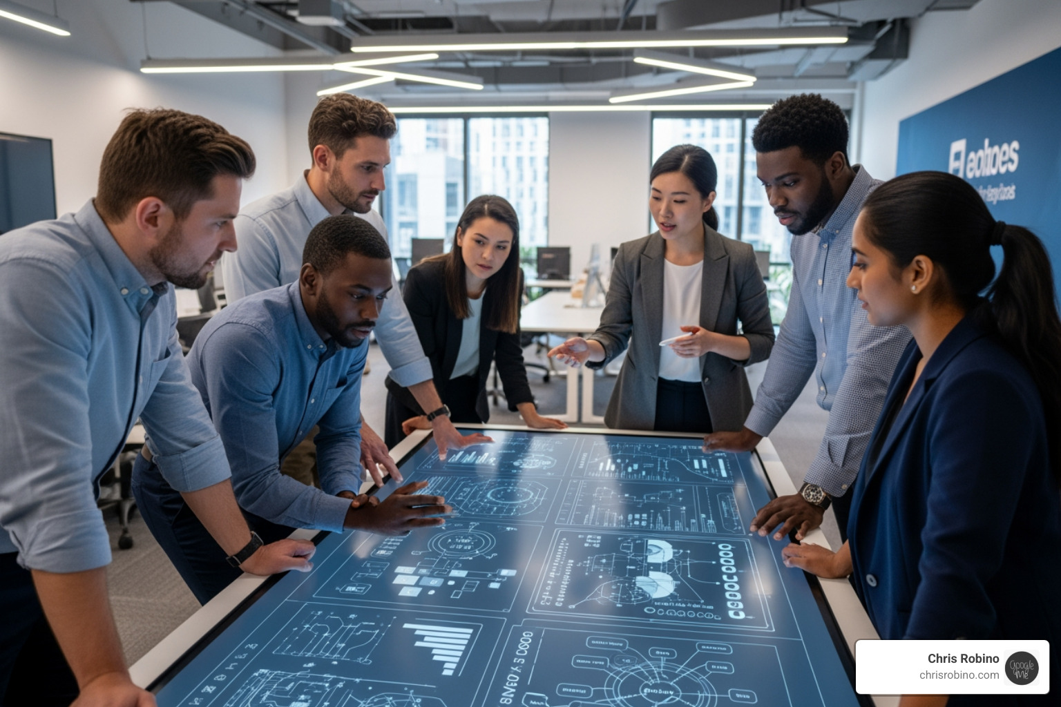 A team collaborating with an AI on a digital whiteboard - AI powered automation
