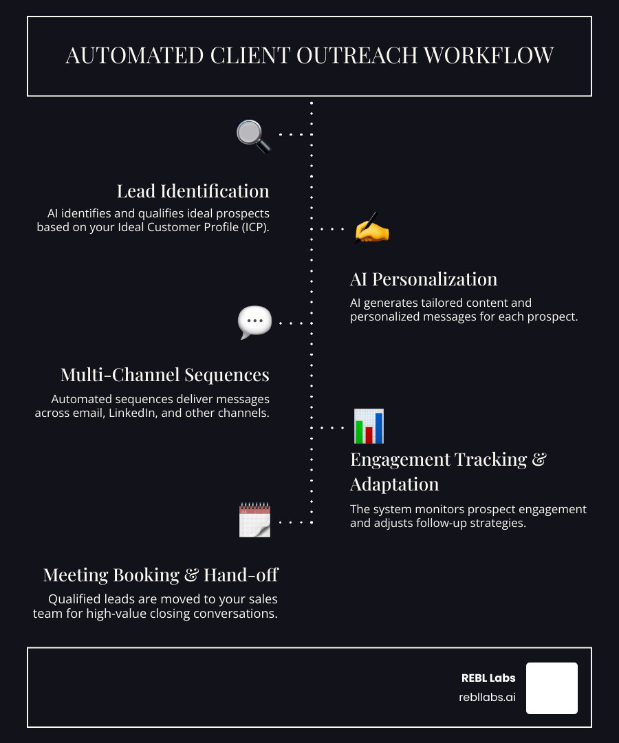 infographic showing automated client outreach workflow from lead identification through AI personalization to multi-channel sequences and meeting booking - Automated client outreach infographic