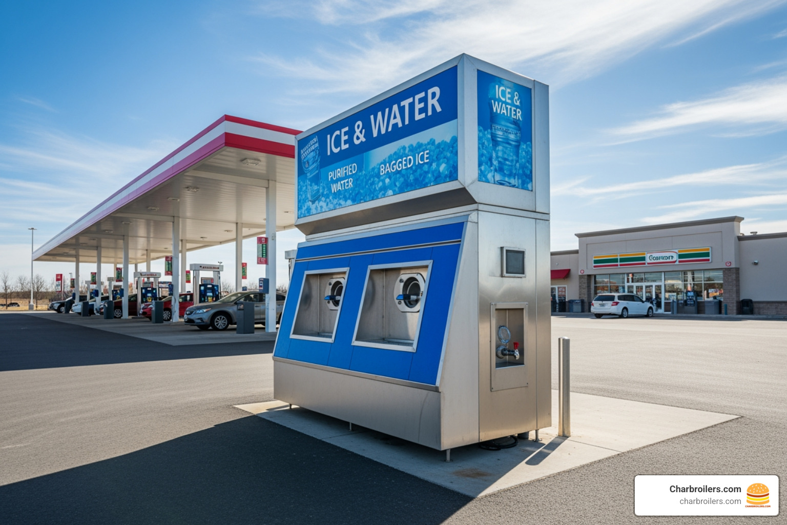 large ice and water vending kiosk at a gas station - outdoor commercial ice machine for sale