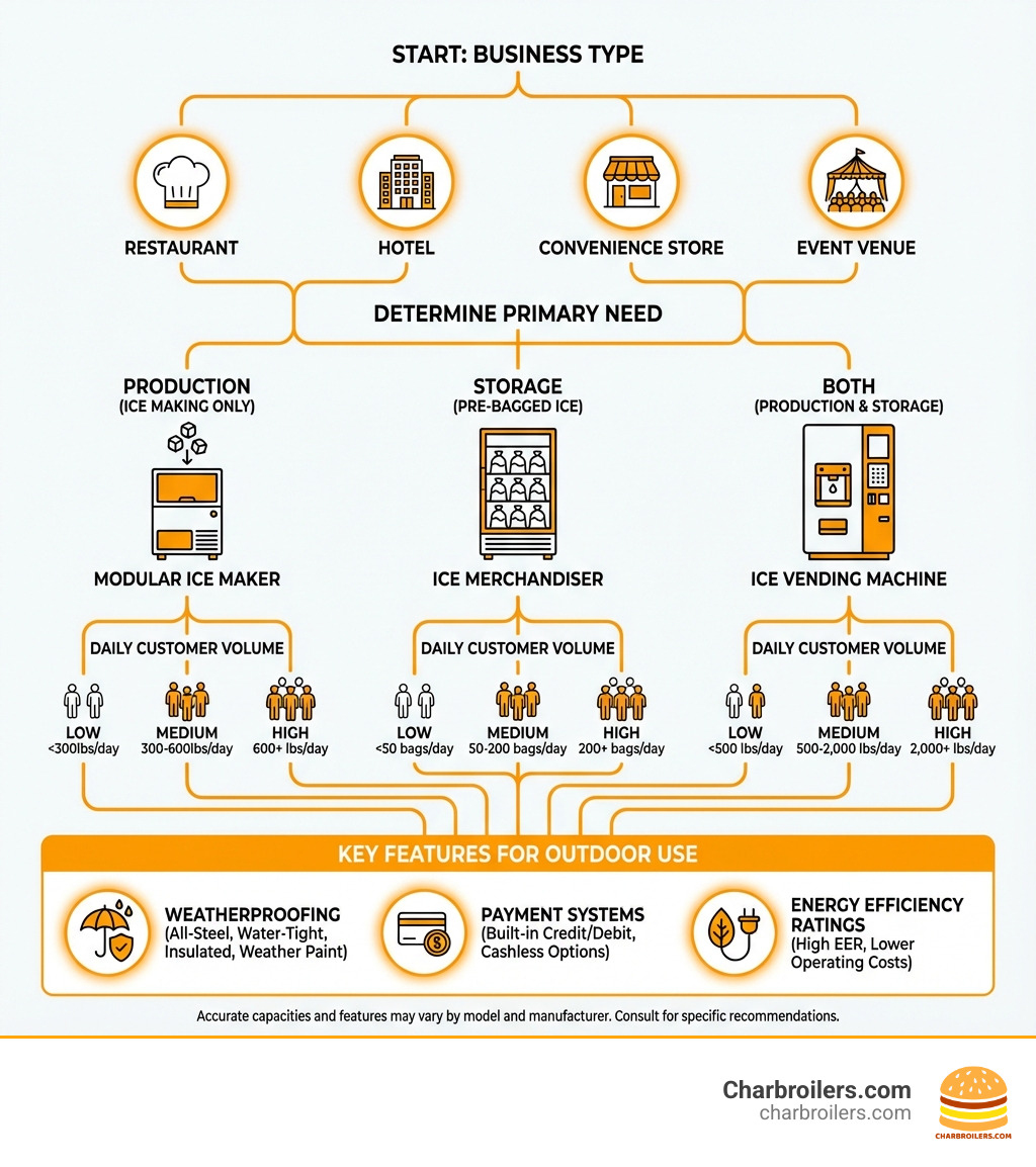 Infographic showing the decision tree for selecting an outdoor commercial ice machine: starting with business type (restaurant, hotel, convenience store, event venue), then branching to determine if you need production (modular ice maker), storage (ice merchandiser), or both (ice vending machine), followed by capacity requirements based on daily customer volume, and finally highlighting key features like weatherproofing, payment systems, and energy efficiency ratings - outdoor commercial ice machine for sale infographic 