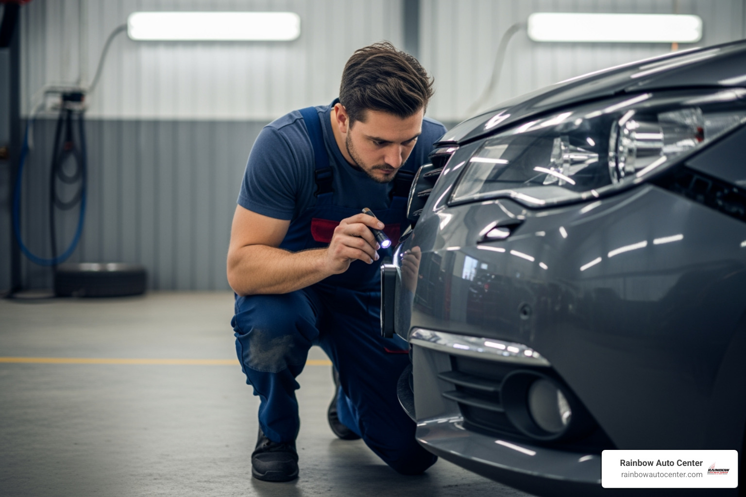 A technician in Hayward carefully examining a car's bumper for damage - auto body works A technician in Hayward carefully examining a car's bumper for damage - auto body works