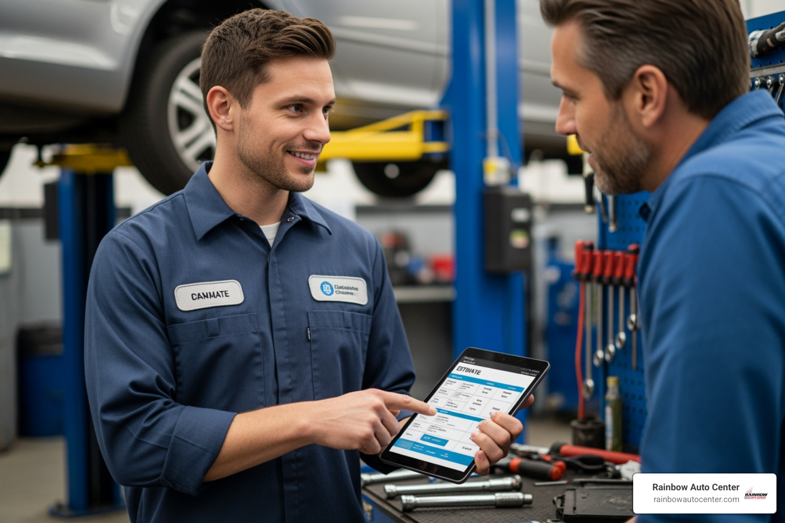A friendly technician showing a customer a digital estimate on a tablet - auto body works A friendly technician showing a customer a digital estimate on a tablet - auto body works