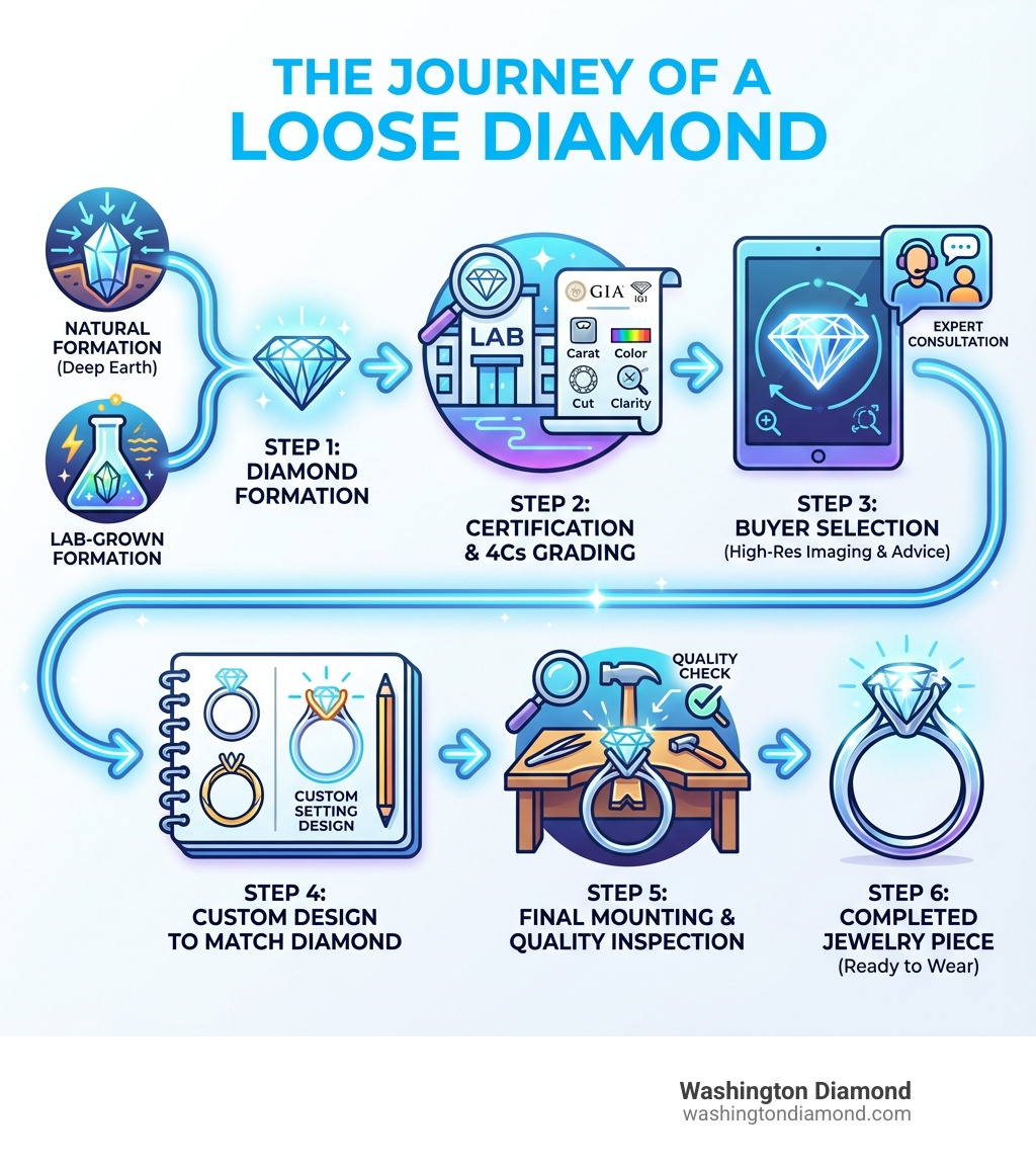Infographic showing the journey of a loose diamond: Step 1 - Diamond Formation (natural or lab-grown), Step 2 - Certification by GIA or other labs with 4Cs grading, Step 3 - Selection by buyer using high-resolution imaging and expert consultation, Step 4 - Custom setting design to match the diamond, Step 5 - Final mounting and quality inspection, Step 6 - Completed jewelry piece ready to wear - loose diamonds infographic Infographic showing the journey of a loose diamond: Step 1 - Diamond Formation (natural or lab-grown), Step 2 - Certification by GIA or other labs with 4Cs grading, Step 3 - Selection by buyer using high-resolution imaging and expert consultation, Step 4 - Custom setting design to match the diamond, Step 5 - Final mounting and quality inspection, Step 6 - Completed jewelry piece ready to wear - loose diamonds infographic