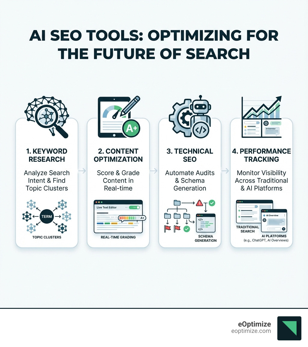 infographic showing four main categories of AI SEO tools: Keyword Research tools that analyze search intent and find topic clusters, Content Optimization tools that score and grade content in real-time, Technical SEO tools that automate audits and schema generation, and Performance Tracking tools that monitor visibility across traditional search and AI platforms like ChatGPT and AI Overviews - ai search engine optimization tools infographic 