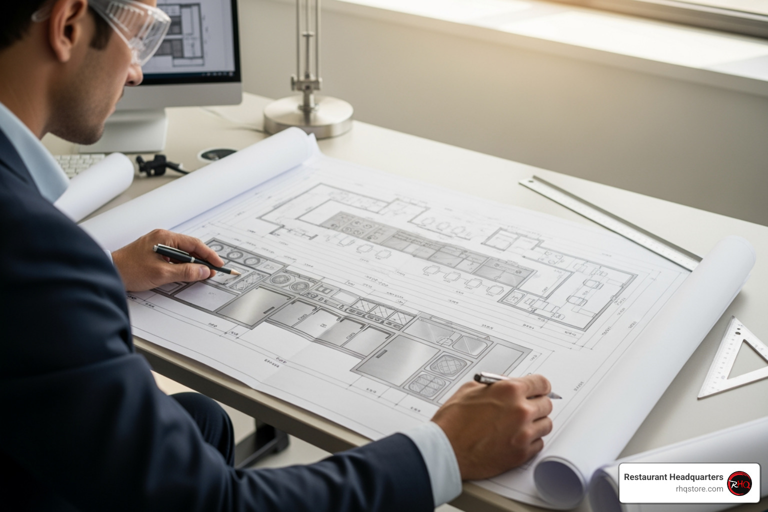 Architect reviewing commercial restaurant kitchen design blueprints, analyzing equipment layout, workflow, and ventilation planning for a professional kitchen | Restaurant Headquarters Architect reviewing commercial restaurant kitchen design blueprints, analyzing equipment layout, workflow, and ventilation planning for a professional kitchen | Restaurant Headquarters