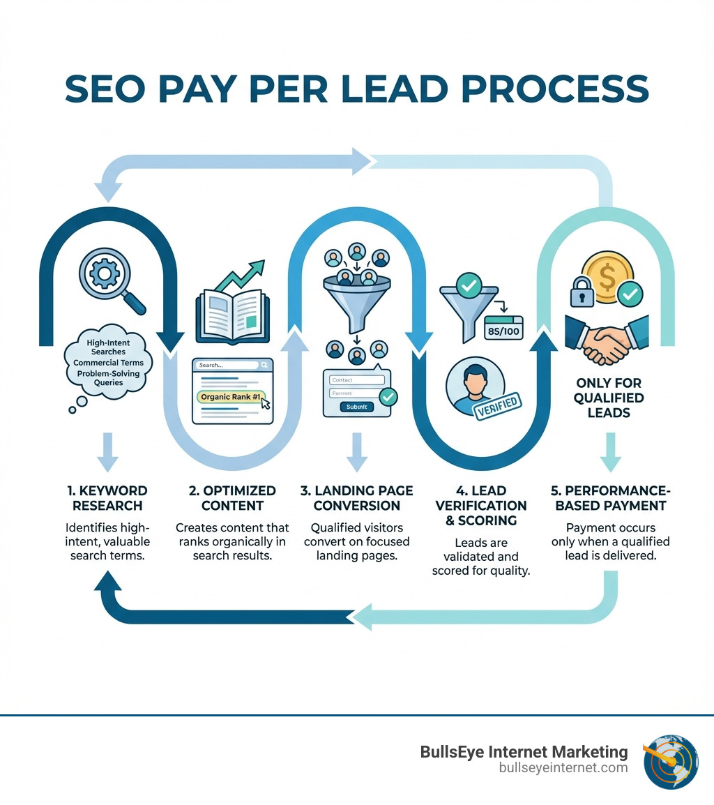 Infographic showing the SEO pay per lead process: keyword research identifies high-intent searches, optimized content ranks in organic results, qualified visitors convert on landing pages, leads are verified and scored, and payment occurs only for qualified leads delivered - SEO pay per lead infographic 