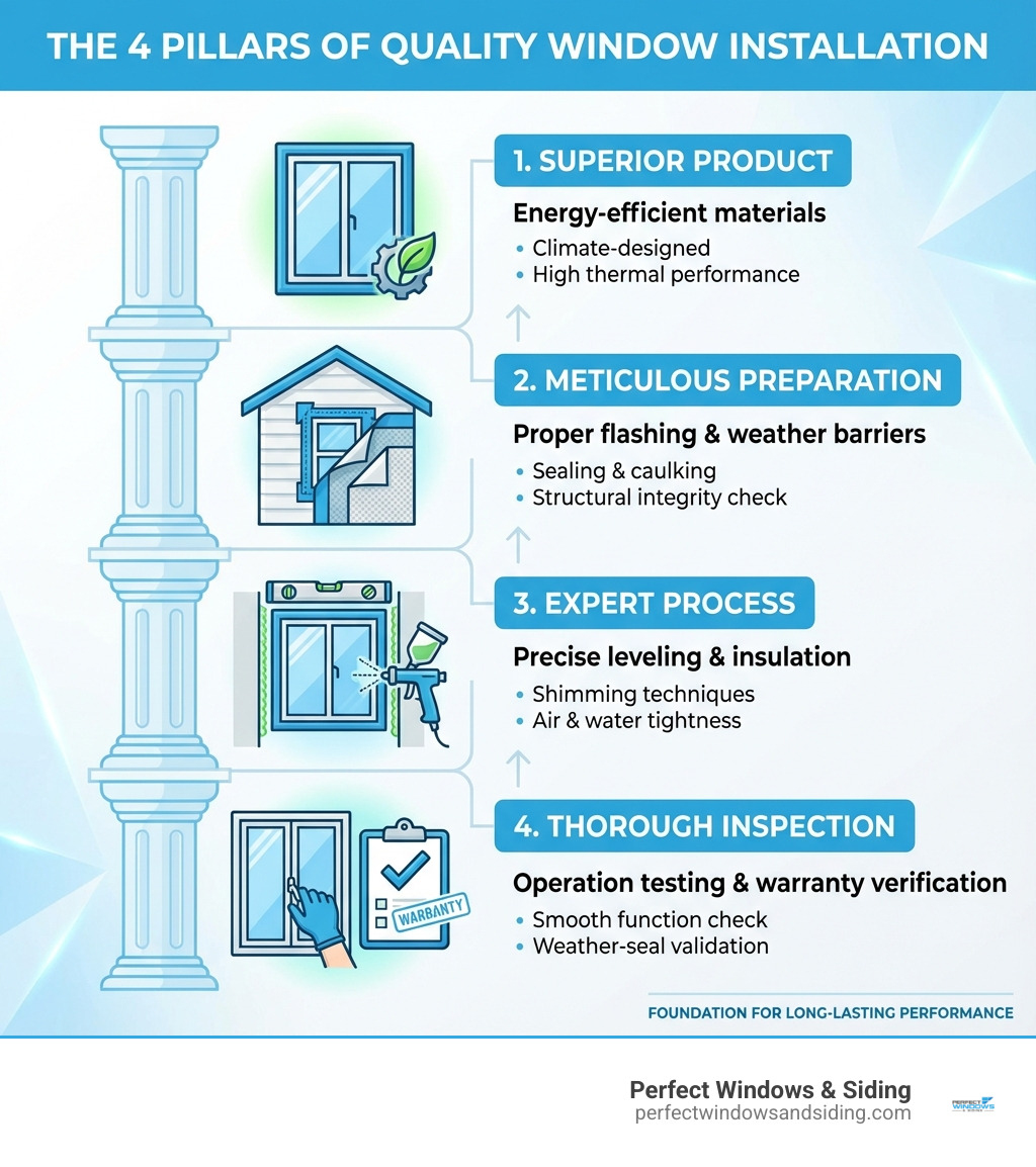 infographic showing the 4 pillars of quality window installation: Superior Product with energy-efficient materials, Meticulous Preparation with proper flashing and weather barriers, Expert Process with precise leveling and insulation, and Thorough Inspection with operation testing and warranty verification - quality window installation infographic infographic showing the 4 pillars of quality window installation: Superior Product with energy-efficient materials, Meticulous Preparation with proper flashing and weather barriers, Expert Process with precise leveling and insulation, and Thorough Inspection with operation testing and warranty verification - quality window installation infographic