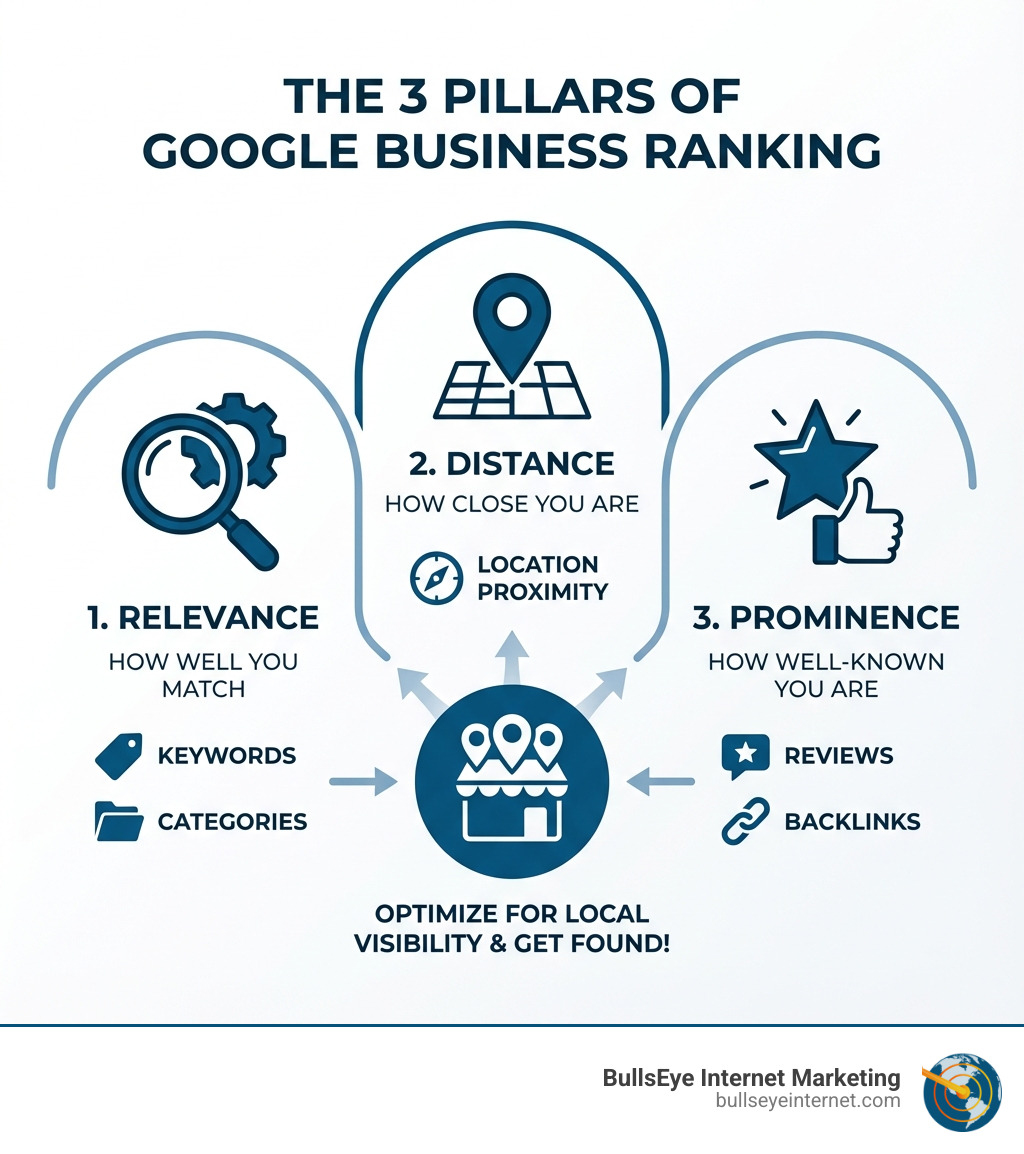 Infographic showing the three pillars of Google Business ranking: Relevance with keywords and categories, Distance with location proximity, and Prominence with reviews and backlinks - google business search engine optimization infographic Three pillars of Google Business ranking: relevance, distance, and prominence; featuring icons for keywords, location proximity, reviews, and backlinks; Bullseye Internet Marketing branding.