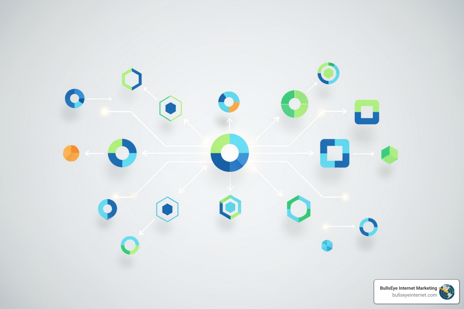Checklist or flowchart for a local SEO plan - local seo strategy template Abstract geometric design with interconnected shapes in blue, green, and orange, representing local SEO strategy components for improved online visibility.