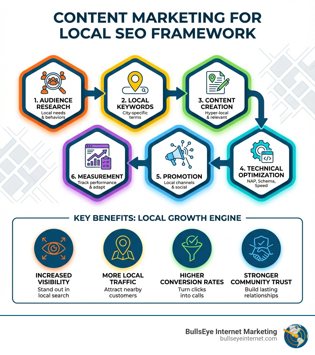 Content marketing framework for local SEO, showcasing audience research, local keywords, content creation, technical optimization, promotion, and measurement, with key benefits like increased visibility and local traffic.