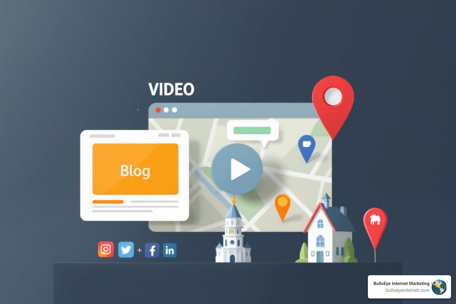 Illustration of a digital marketing concept featuring a map with location markers, a video play button, and a blog post window, emphasizing local SEO and content marketing strategies for businesses like Bullseye Internet.