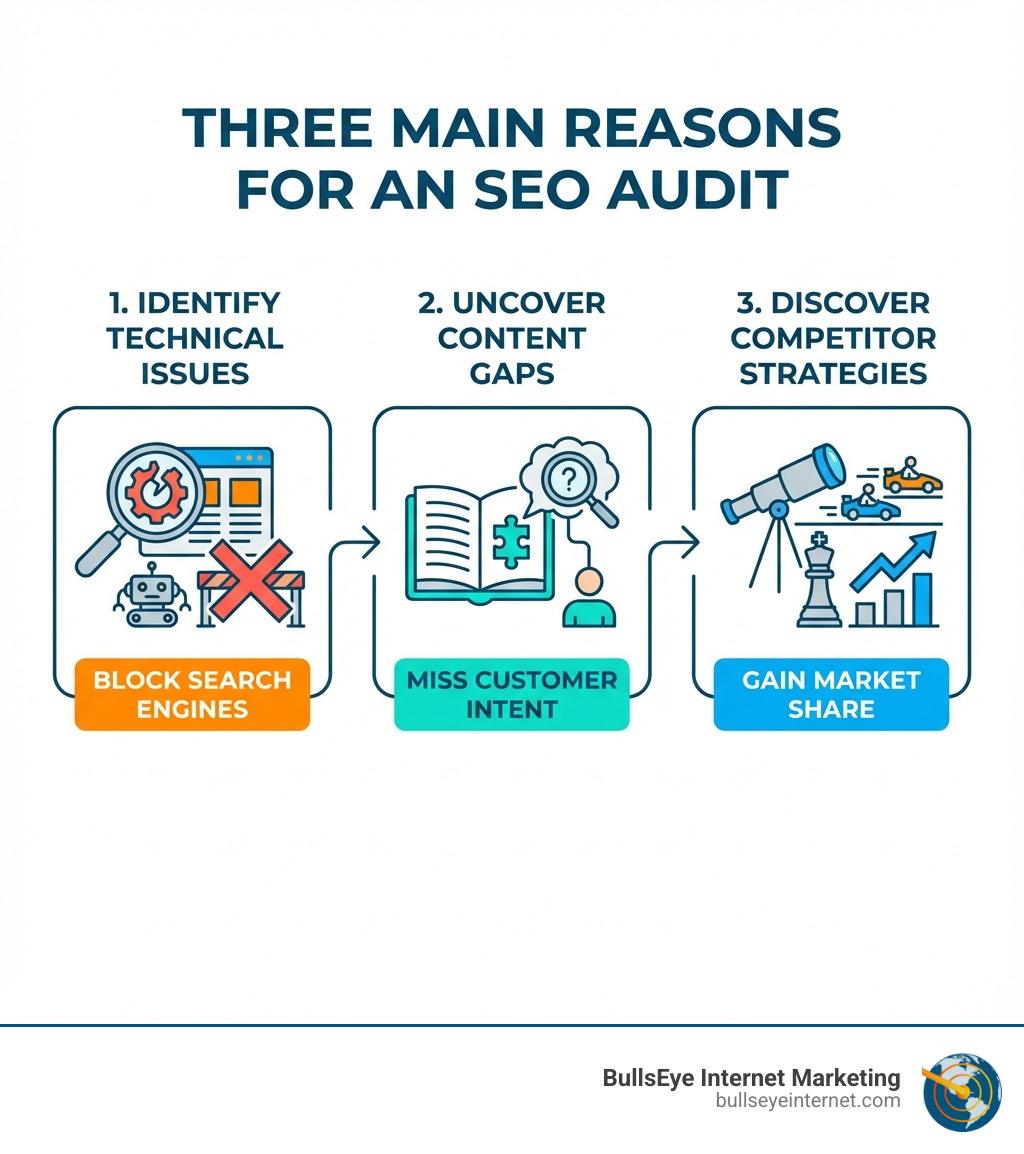 Infographic showing the three main reasons businesses need an SEO audit: identifying technical issues that block search engines, uncovering content gaps that miss customer intent, and discovering competitor strategies to gain market share - seo audit agency infographic Infographic showing the three main reasons businesses need an SEO audit: identifying technical issues that block search engines, uncovering content gaps that miss customer intent, and discovering competitor strategies to gain market share - seo audit agency infographic